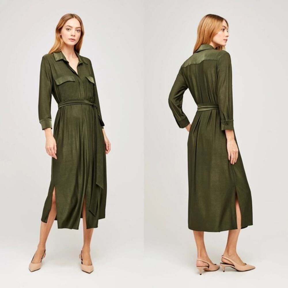 L'AGENCE Rivi Belted Slub Stretch Jersey Olive Midi Shirt Dress XS Tall